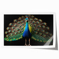Vibrant peacock design wall art print showcasing intricate feather patterns and vivid colors, perfect for enhancing home decor in any setting.