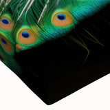 Close-up of a vibrant peacock design wall art piece on stretched canvas, showcasing intricate details and vivid colors, perfect for enhancing home decor.