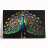 Vibrant peacock design stretched canvas wall art showcasing intricate feather patterns in blue and green hues, perfect for home decor and artistic enhancement.