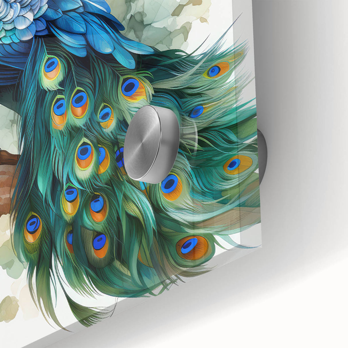 Close-up of an elegant acrylic wall art piece featuring a vibrant peacock design with intricate details in blue and green hues, perfect for home decor.