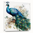 Vibrant peacock-themed wall art design displayed in acrylic glass, featuring intricate details and vivid colors, perfect for enhancing home decor aesthetics.