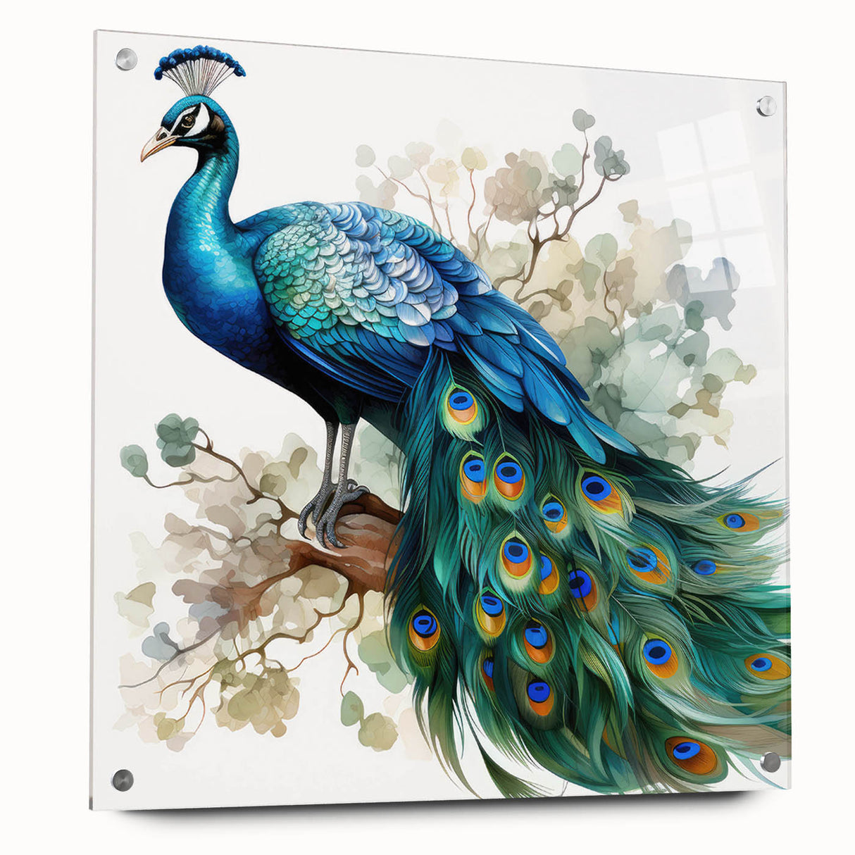 Vibrant peacock-themed wall art design displayed in acrylic glass, featuring intricate details and vivid colors, perfect for enhancing home decor aesthetics.