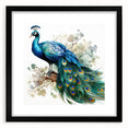 Peacock design wall art framed in elegant black with a mat, showcasing vibrant colors and intricate feather details, perfect for adding sophistication to any decor.
