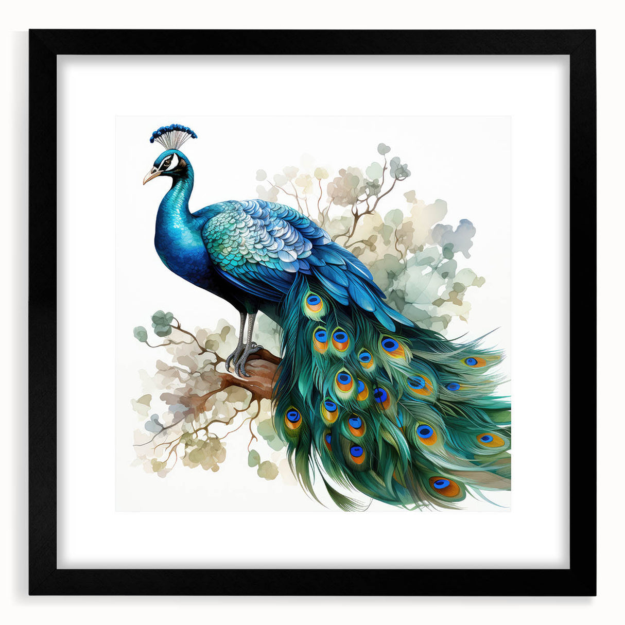 Peacock design wall art framed in elegant black with a mat, showcasing vibrant colors and intricate feather details, perfect for adding sophistication to any decor.