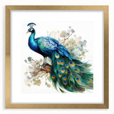 Framed wall art featuring an elegant peacock design in rich gold tones, showcasing intricate details and a sophisticated mat, perfect for enhancing any decor.