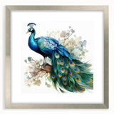 Elegant wall art featuring a peacock design in vibrant colors, framed with a silver mat, enhancing any home decor. Perfect for bird lovers and art enthusiasts.