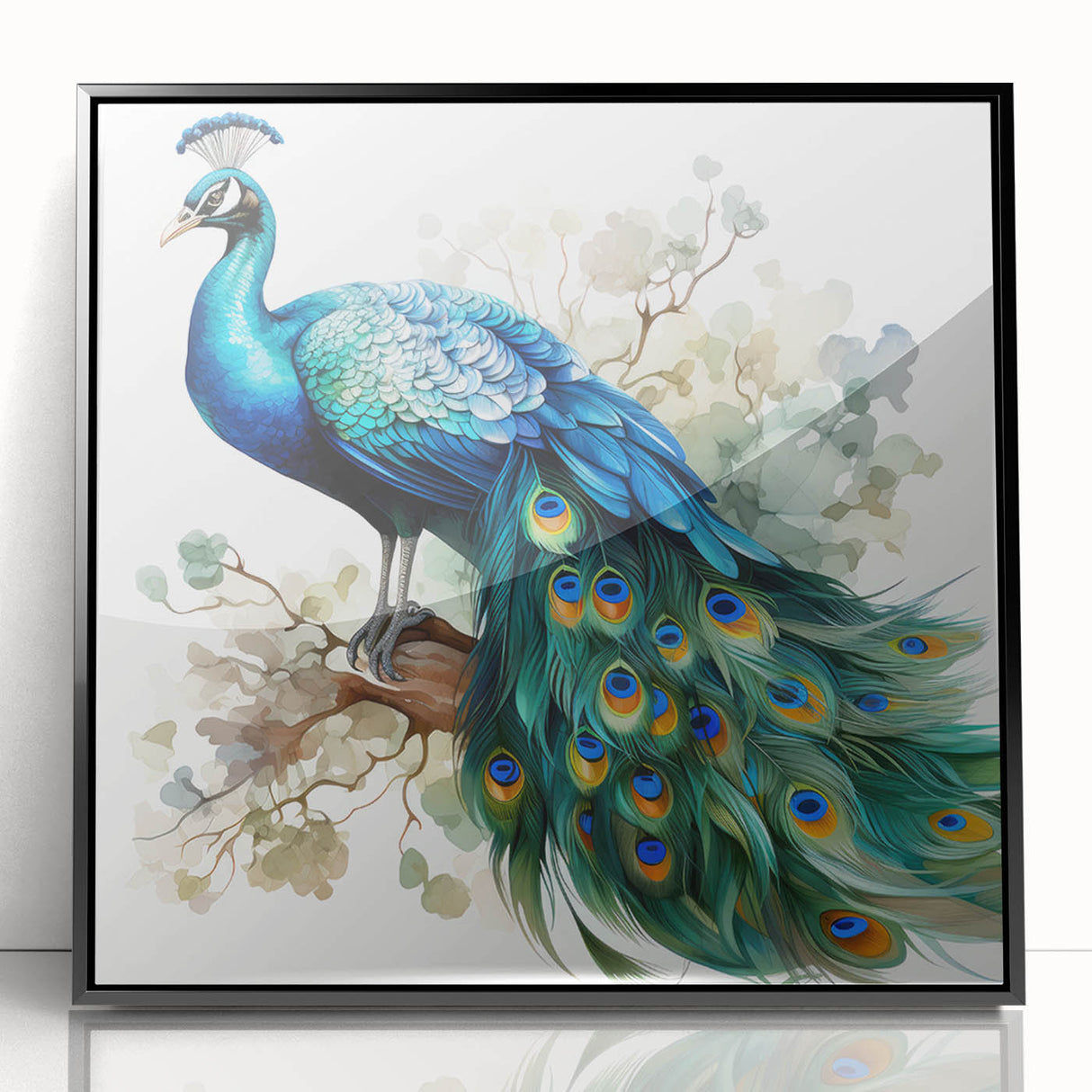 Framed wall art featuring a vibrant peacock design in rich blues and greens, showcasing intricate feather details against a sleek black frame, perfect for home decor.