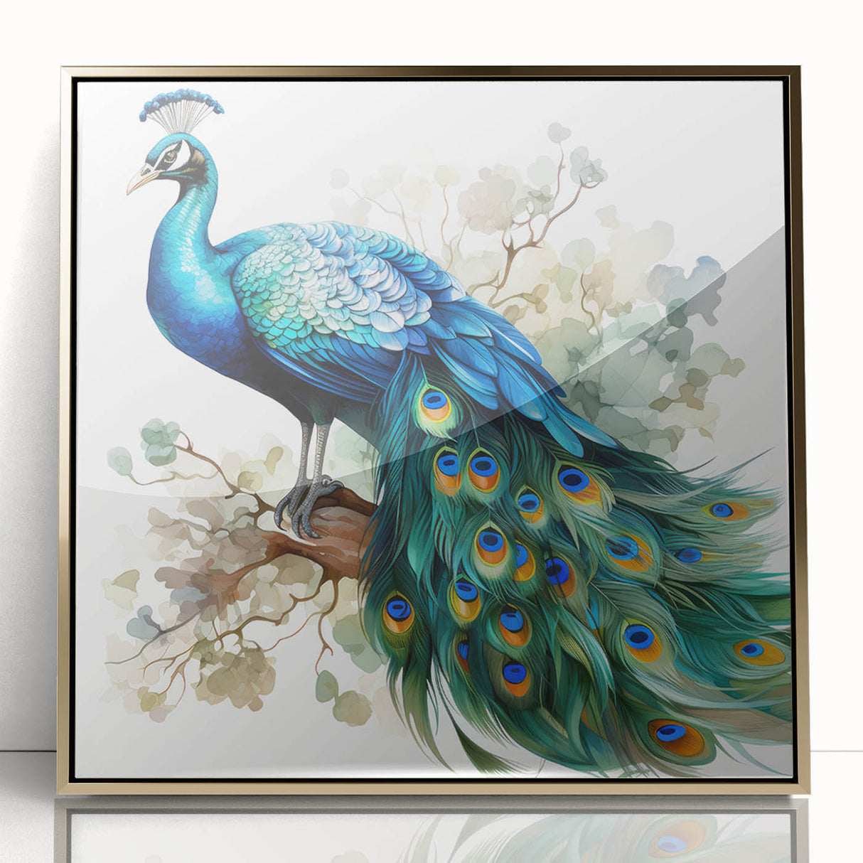 Framed wall art featuring an elegant peacock design in vibrant colors, showcasing intricate details and a luxurious gold acrylic finish, perfect for home decor.