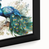 Close-up of a vibrant framed canvas wall art featuring a peacock design, showcasing intricate details and rich colors, perfect for home decor enhancement.