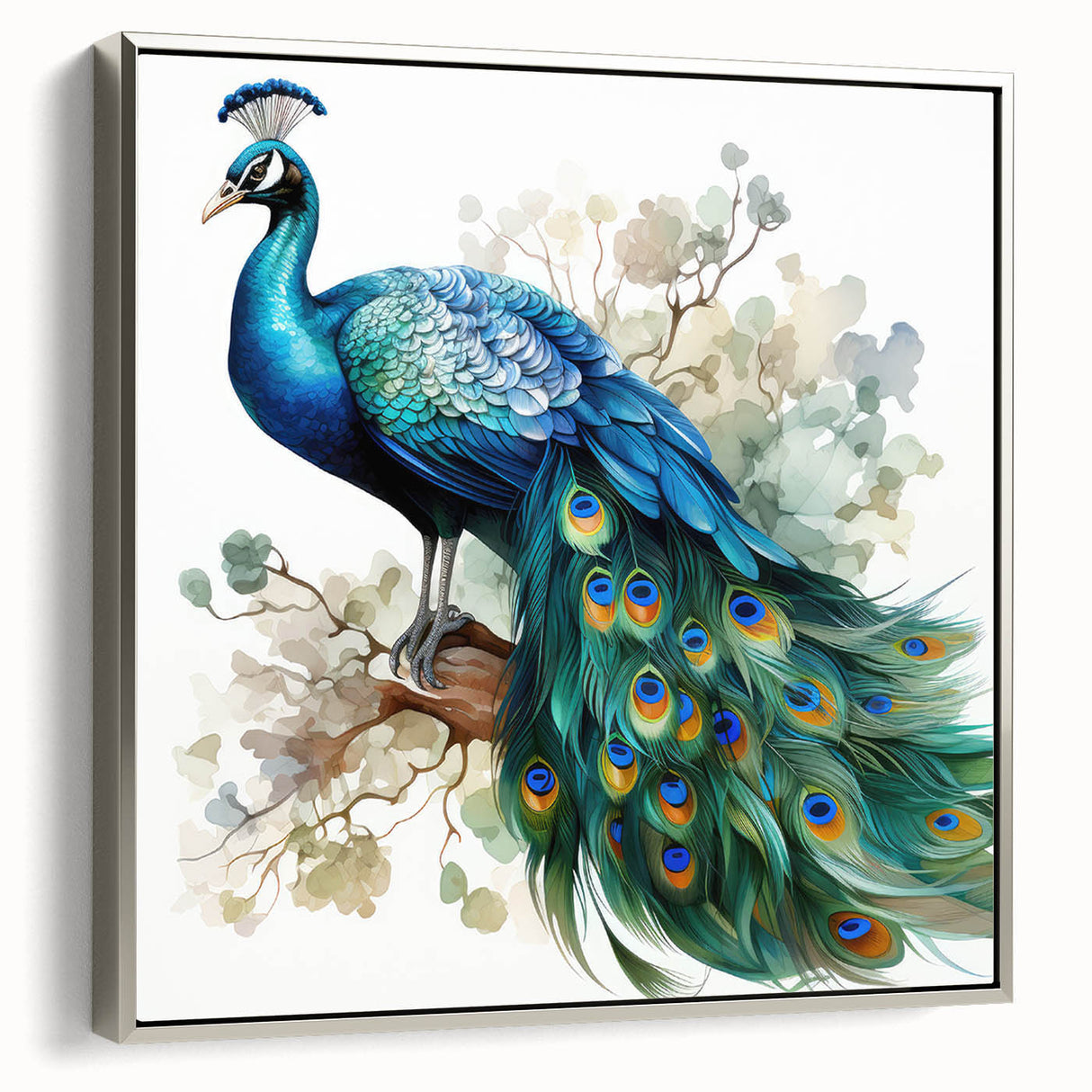 Framed canvas wall art showcasing an elegant peacock design in vibrant colors, set against a silver frame, perfect for enhancing modern decor.