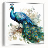 Framed wall art featuring a vibrant peacock design on canvas, showcasing intricate details and rich colors, ideal for adding elegance to any room decor.