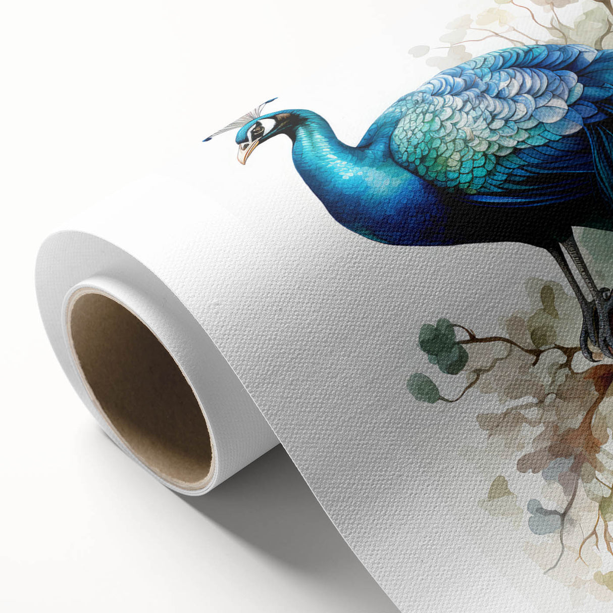 Vibrant rolled canvas wall art showcasing an intricate peacock design, featuring rich colors and detailed patterns, ideal for enhancing home decor.