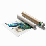 Vibrant peacock-themed wall art print showcasing intricate feather details in shades of blue and green, rolled and ready for framing or display.