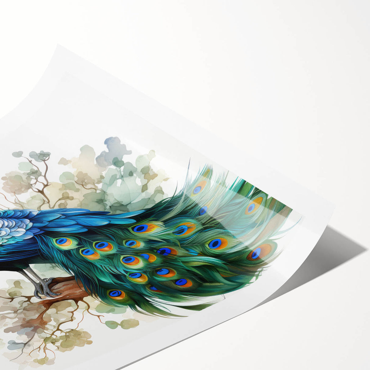 Peacock design wall art print showcasing vibrant blues and greens, featuring intricate feather details, perfect for adding elegance to any room decor. Rolled and ready for framing.