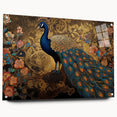 Vibrant peacock wall art displayed in a sleek acrylic frame, showcasing intricate feather designs and vivid colors, perfect for enhancing modern decor.