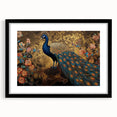 Framed wall art featuring a vibrant peacock design in rich colors, set against a black mat, showcasing intricate details and elegant presentation for home decor.