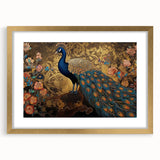 Elegant gold-framed wall art featuring a vibrant peacock design in intricate detail, perfect for adding a touch of luxury to home decor. Ideal for bird lovers and art enthusiasts seeking a stunning focal point.