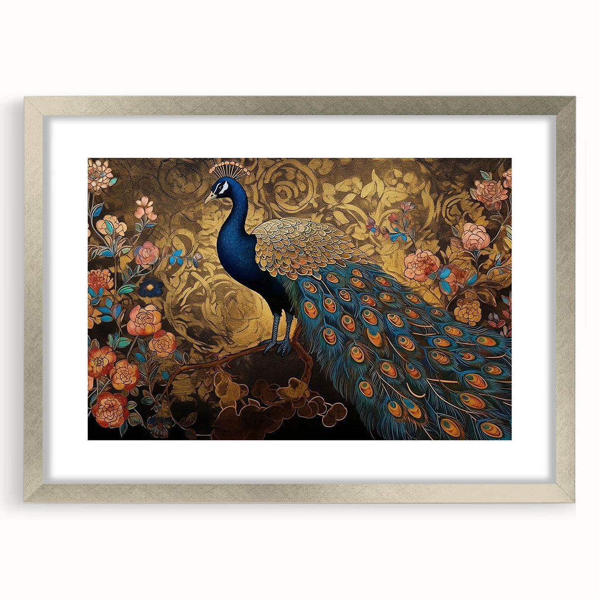 Elegant wall art frame showcasing a peacock design with a silver mat, perfect for adding a touch of sophistication to any room decor. Ideal for bird lovers and art enthusiasts.
