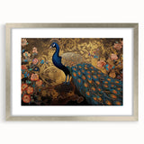 Elegant wall art frame showcasing a peacock design with a silver mat, perfect for adding a touch of sophistication to any room decor. Ideal for bird lovers and art enthusiasts.