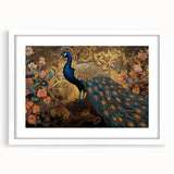 Peacock design wall art collection featuring a vibrant blue and green color palette, framed in white with a mat, showcasing intricate feather details and elegant aesthetic, ideal for home decor.