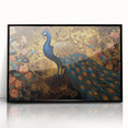 Framed wall art showcasing a vibrant peacock design with intricate details, set in a sleek black frame, perfect for adding elegance to home decor.