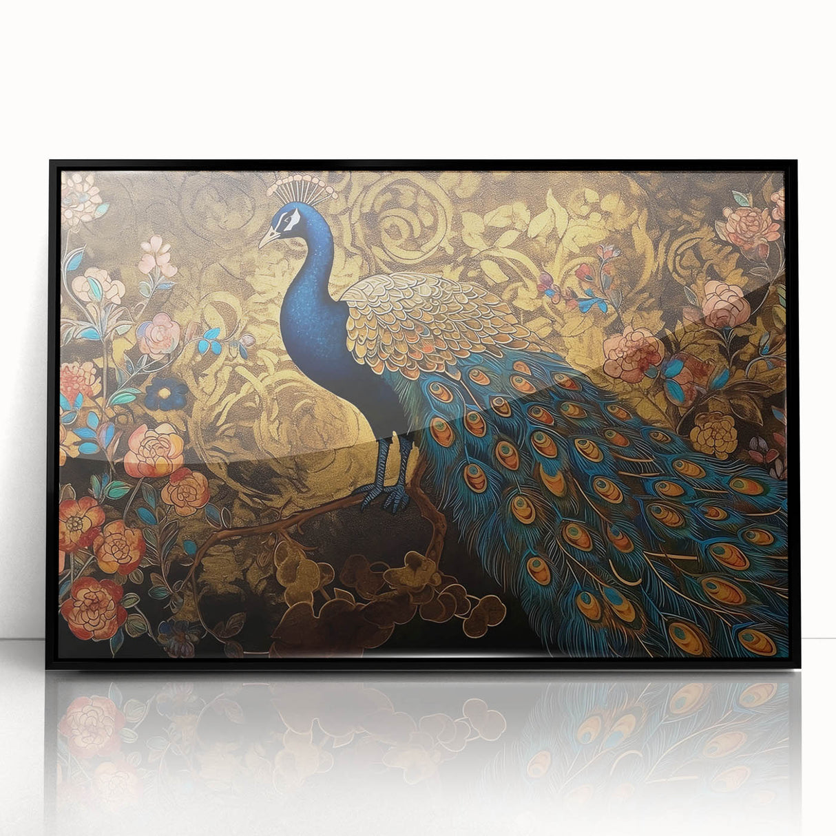 Framed wall art showcasing a vibrant peacock design with intricate details, set in a sleek black frame, perfect for adding elegance to home decor.
