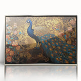 Framed acrylic wall art featuring a vibrant peacock design in shades of blue and green, elegantly showcased in a silver frame, perfect for enhancing modern decor.