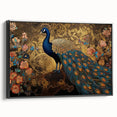 Framed canvas wall art featuring a vibrant peacock design in rich blues and greens, with a sleek black frame, ideal for adding elegance to modern decor.