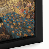 Close-up of a framed canvas wall art piece showcasing a vibrant peacock design with intricate detailing, perfect for home decor and adding elegance to any room.
