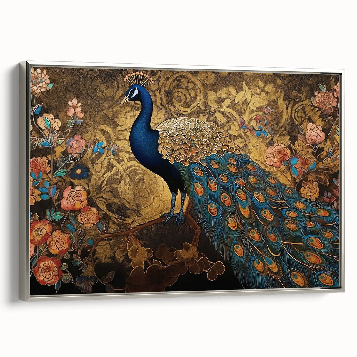 Framed canvas wall art featuring a vibrant peacock design with silver accents, ideal for modern home decor. Perfect for adding elegance and color to any room.