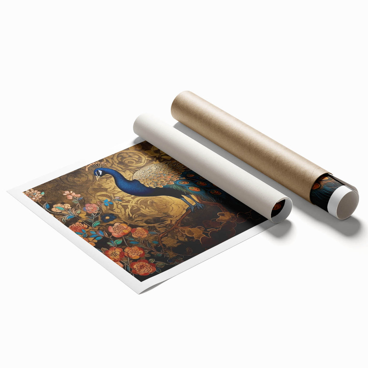 Vibrant peacock design wall art print, showcasing intricate feather details and rich colors, rolled and ready for framing, perfect for home decor.