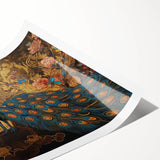 Vibrant peacock design wall art print showcasing intricate details in rich blue and green hues, elegantly rolled for easy display and storage, perfect for home decor.