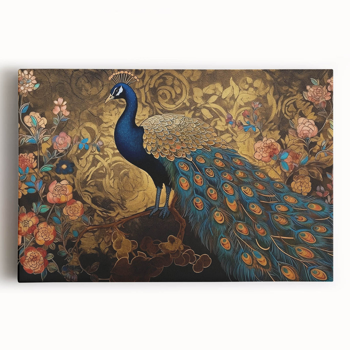 Vibrant peacock-themed wall art design on stretched canvas, showcasing rich colors and intricate details, ideal for enhancing home decor with a touch of elegance.