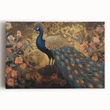 Vibrant peacock-themed wall art design on stretched canvas, showcasing rich colors and intricate details, ideal for enhancing home decor with a touch of elegance.