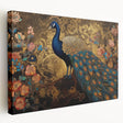 Vibrant peacock design wall art on stretched canvas, showcasing intricate details and bold colors, perfect for enhancing home décor and artistic ambiance.