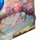 Close-up of vibrant peacock design wall art printed on acrylic glass, showcasing intricate feather details and rich colors, ideal for modern decor.