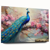 Acrylic glass wall art showcasing a vibrant peacock design, viewed from the side, highlighting intricate details and vivid colors, perfect for home decor.