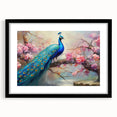 Peacock design wall art framed in black with a mat, showcasing vibrant colors and intricate feather details, ideal for enhancing home decor.