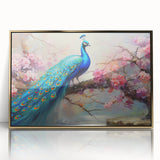 Framed wall art featuring a vibrant peacock design with intricate details in gold and blue hues, perfect for enhancing any living space or art collection.