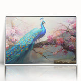 Framed wall art featuring a vibrant peacock design with intricate details in blue and green hues, set against a white background, perfect for enhancing modern decor.