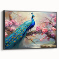 Framed wall art featuring a vibrant peacock design on canvas with a black side view, perfect for enhancing home decor and adding a touch of elegance to any space.