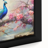 Close-up of a vibrant peacock-themed wall art canvas featuring intricate feather details and bold colors, elegantly framed for home decor enhancement.