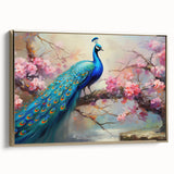 Framed wall art featuring a vibrant peacock design, showcasing intricate details in gold and blue hues, perfect for enhancing modern decor.