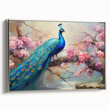 Framed wall art featuring a vibrant peacock design on a textured canvas, elegantly showcased with a silver frame, perfect for enhancing home decor.