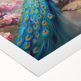 Vibrant peacock design on rolled canvas wall art, showcasing intricate patterns and rich colors, perfect for adding a touch of elegance to home decor.