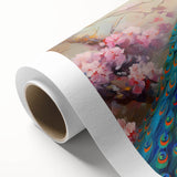 Vibrant peacock-themed wall art design printed on high-quality rolled canvas, showcasing intricate details and rich colors, ideal for enhancing home decor.