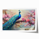 Vibrant peacock-themed wall art print showcasing intricate feather details in rich blues and greens, ideal for home decor and artistic enhancement. Perfect for nature lovers and art enthusiasts.
