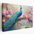 Vibrant peacock-themed wall art on stretched canvas, showcasing rich blues and greens with intricate feather details, perfect for adding elegance to any space.