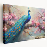 Vibrant peacock-themed wall art on stretched canvas, showcasing rich blues and greens with intricate feather details, perfect for adding elegance to any space.