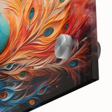 Close-up of a vibrant peacock wall art design displayed on acrylic glass, showcasing intricate details and vivid colors, ideal for modern home decor.